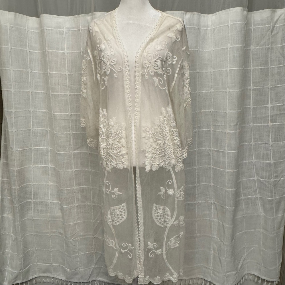 Anthropologie Do Everything In Love Cream Embroidered Sheer Lace Kimono Cardigan - Picture 2 of 7